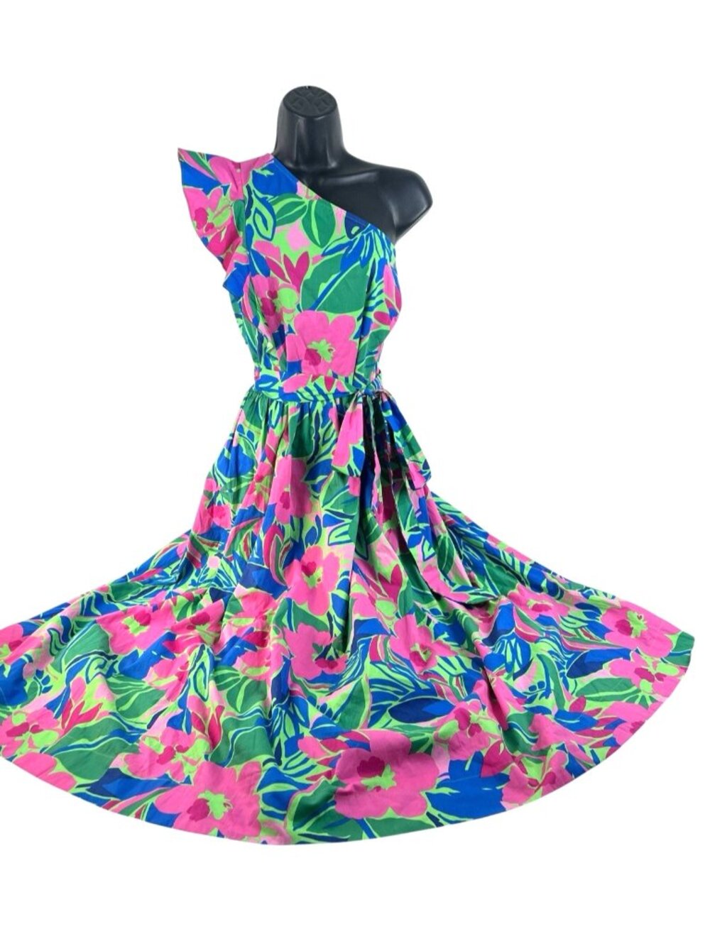 J Crew one shoulder ruffle fit flair bold color/print floral midi dress sz 20 - Picture 2 of 11